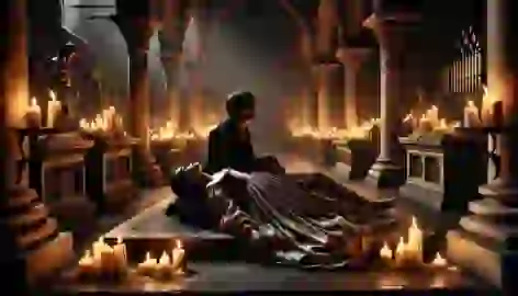 Juliet awakens to find Romeo dead beside her in the dimly lit Capulet tomb, filled with sorrow and despair.