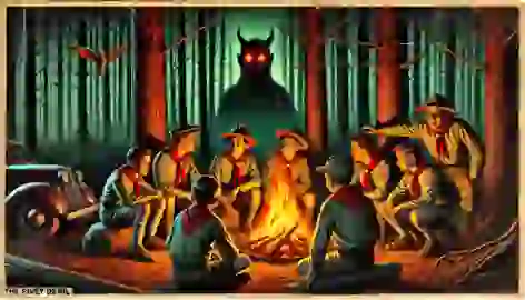 Boy Scouts around a campfire in the Pine Barrens, with glowing red eyes of the Jersey Devil watching from the dark forest.