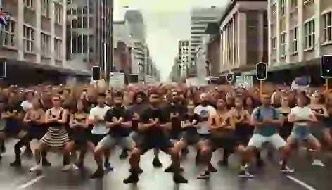  A Māori protest group performing the haka in solidarity on a city street, with strong and synchronized movements.