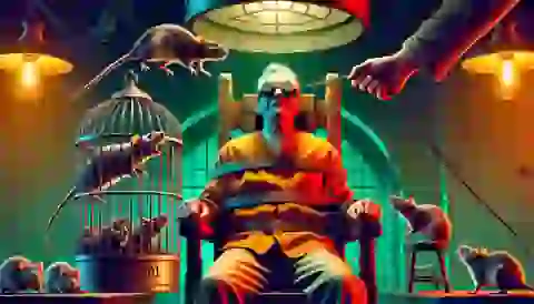 Winston strapped to a chair in Room 101, with a cage of rats being brought close to his face.