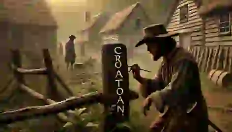 Governor John White discovers the Roanoke Colony abandoned, with the word "CROATOAN" carved into a wooden post.