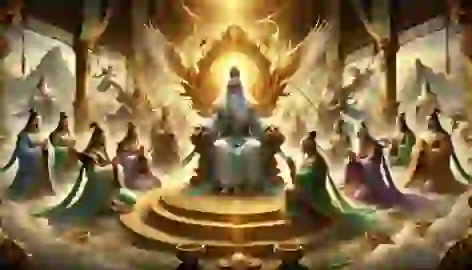 The Jade Emperor appointing deities in a celestial palace, seated on a radiant throne.