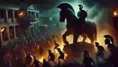 Greek warriors stealthily emerge from the Trojan Horse at night, as Troy falls into chaos and flames.