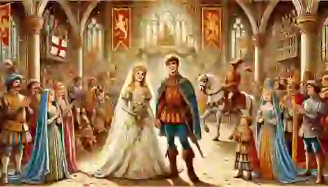 Boots and the princess stand together after their wedding, surrounded by a joyful crowd in a grand medieval hall.