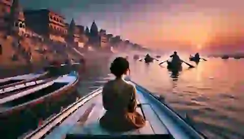 Kim on a boat ride on the Ganges River at dawn, witnessing rituals on the ghats of Varanasi.