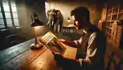 A man reads a newspaper clipping about an elephant and its keeper in a dimly lit room, absorbed in thought.