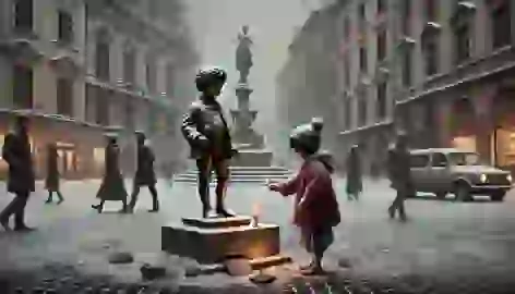 A little match-girl stands in the snow near the dull, grey statue of the Happy Prince.