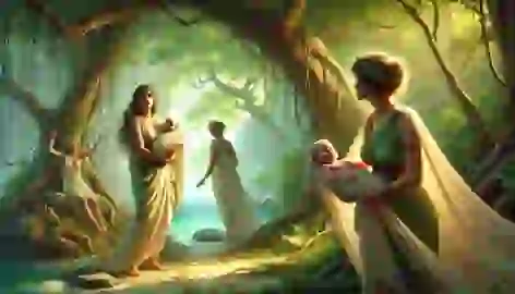 Rhea secretly handing baby Zeus to nymphs on a lush island with trees, sunlight, and the sea in the background.