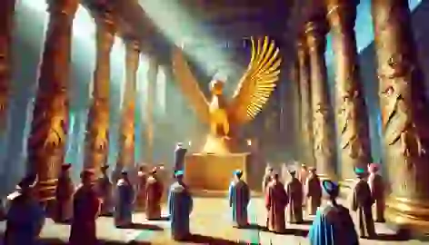 Priests in a grand temple of Heliopolis conduct a ritual, burning a golden effigy of the Bennu bird to symbolize rebirth.