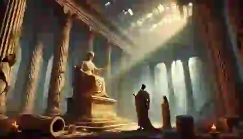 Emperor Julian the Apostate receiving the Oracle’s final prophecy in the decaying Temple of Apollo, with light streaming in.