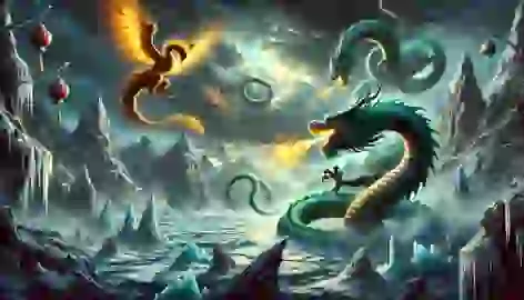 Jade Dragon and Golden Phoenix battle the Black Serpent in the icy northern mountains, surrounded by storm clouds.