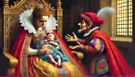 Queen holding her newborn child, looking distressed as the strange little man demands the baby in a richly decorated chamber.