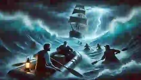 Professor Aronnax, Ned Land, and Conseil paddling through stormy waves in a small raft, escaping the Nautilus.