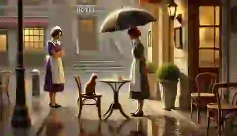 American woman stands disappointed outside the hotel, looking where the cat had been, with a maid holding an umbrella.