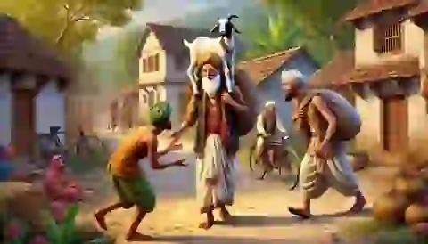 A poor Brahmin carrying a goat on his shoulders while three cunning thieves approach him in a village.