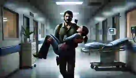 Joel carries an unconscious Ellie through a dimly lit hospital hallway, running away from a medical facility.