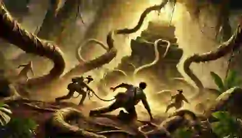 Thick vines rise from the ground and entangle the explorers near a cursed stone altar in the jungle.