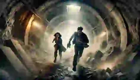 Emma and Stern flee through collapsing tunnels as debris falls, illuminated by their frantic headlamps.