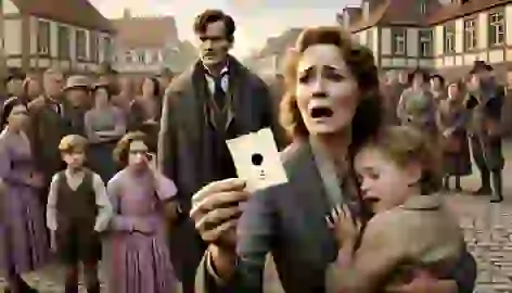 Tessie Hutchinson reacts in shock, holding a marked slip of paper, surrounded by her worried family.