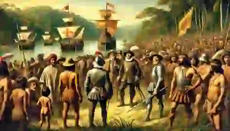 Spanish conquistadors disembarking in Guarani lands, with the Guarani watching from the forest, showing curiosity and caution.