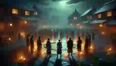 Leona and the village elders cast protective spells in the village square, glowing symbols lighting the dark night.