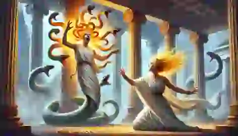 Medusa is cursed by Athena, her hair transforming into serpents within the temple.