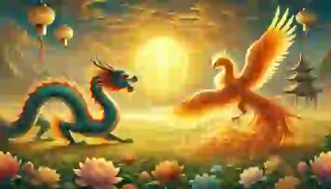 Jade Dragon and Golden Phoenix meet in a golden field, exchanging a curious gaze under the setting sun.