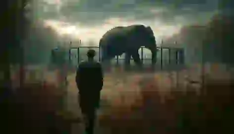 A man walks past an overgrown, abandoned elephant enclosure, reflecting on the unresolved mystery of the disappearance.