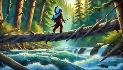 Blue Eagle crossing a large, ancient tree bridge over a raging river in a dense forest.