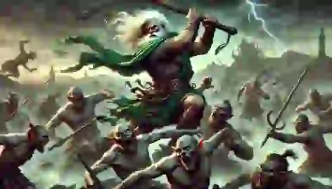 The Dagda in battle against the monstrous Fomorians, wielding his massive club on a misty, lightning-lit battlefield.