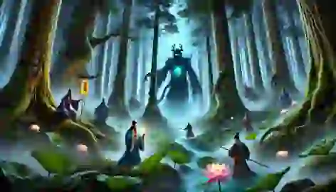 The Eight Immortals battling the shape-shifting demon Hun Kun in the misty Jade Forest.