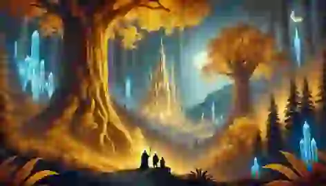 Travelers in a golden, glowing forest look in awe at the distant, illuminated city of Prester John at night.