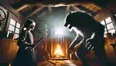 The girl holds a knife, facing the snarling wolf-man in a dramatic final confrontation inside the cottage.