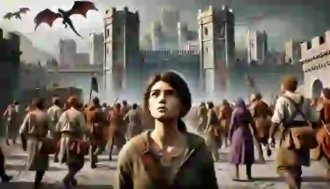 Recruits enter Basgiath War College, Violet looking up at the towering fortress while dragons fly in the sky.