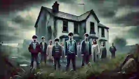 Seven children gather nervously in front of a creepy, decaying house in Derry under a dark, cloudy sky.