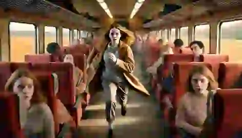 Emma runs down a crowded train aisle, chasing after the frightened girl as passengers look on.