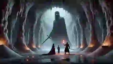 Shirin and Arash face Khosro, the vengeful spirit, in a vast salt cavern lit by their torches, surrounded by salt crystals.