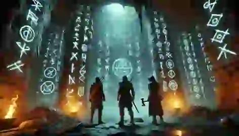 Inside the Cave of Echoes, the brothers confront glowing runes and shifting shadows with courage and curiosity.