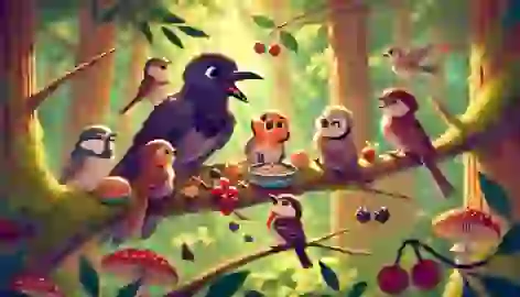 Riley and friends laugh and share a meal of berries and seeds on a branch in the sunny forest.