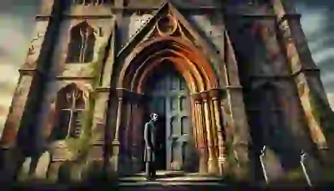 The narrator stands before the imposing, decayed entrance of the House of Usher, looking hesitantly at the Gothic door.