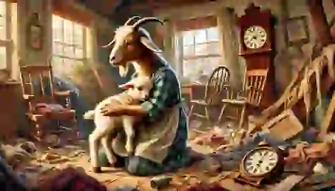 Mother Goat discovers the youngest kid hiding in the clock, the house in disarray after the wolf