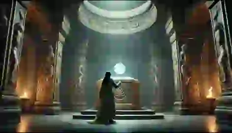 Elara reaches for a glowing crystalline amulet in a dimly lit temple adorned with ancient carvings at the mountain