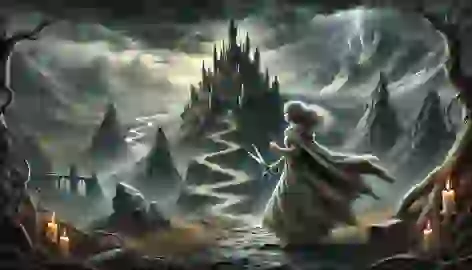 The princess, carrying magical objects, approaches a dark castle under stormy skies in a desolate landscape.