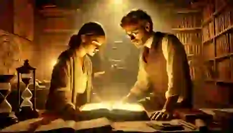 Emma and Stern examine a glowing ancient book in a study filled with artifacts and historical relics.