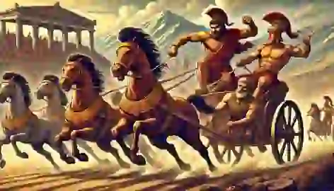 Pelops and King Oenomaus racing in chariots in ancient Greece, with a fierce competition between them.