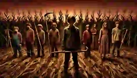 A group of eerie children holding sickles and scythes stand in front of cornfields at sunset, led by a teenage boy.