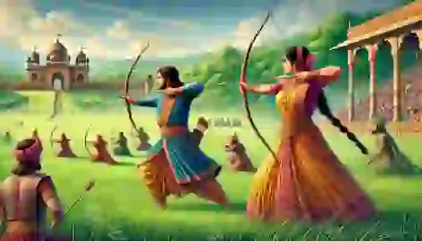 Naravahanadatta and Princess Padmavati engaged in an intense archery contest in a lush meadow.