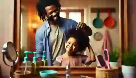 Zuri and her dad smile proudly at her reflection, showing off her newly styled hair.