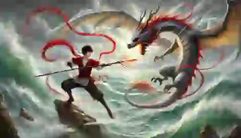 Nezha battles Ao Bing at the seaside with his spear, while Ao Bing transforms into his dragon form.