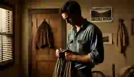 Ennis standing in a quiet room, holding Jack’s old shirt, lost in memories.